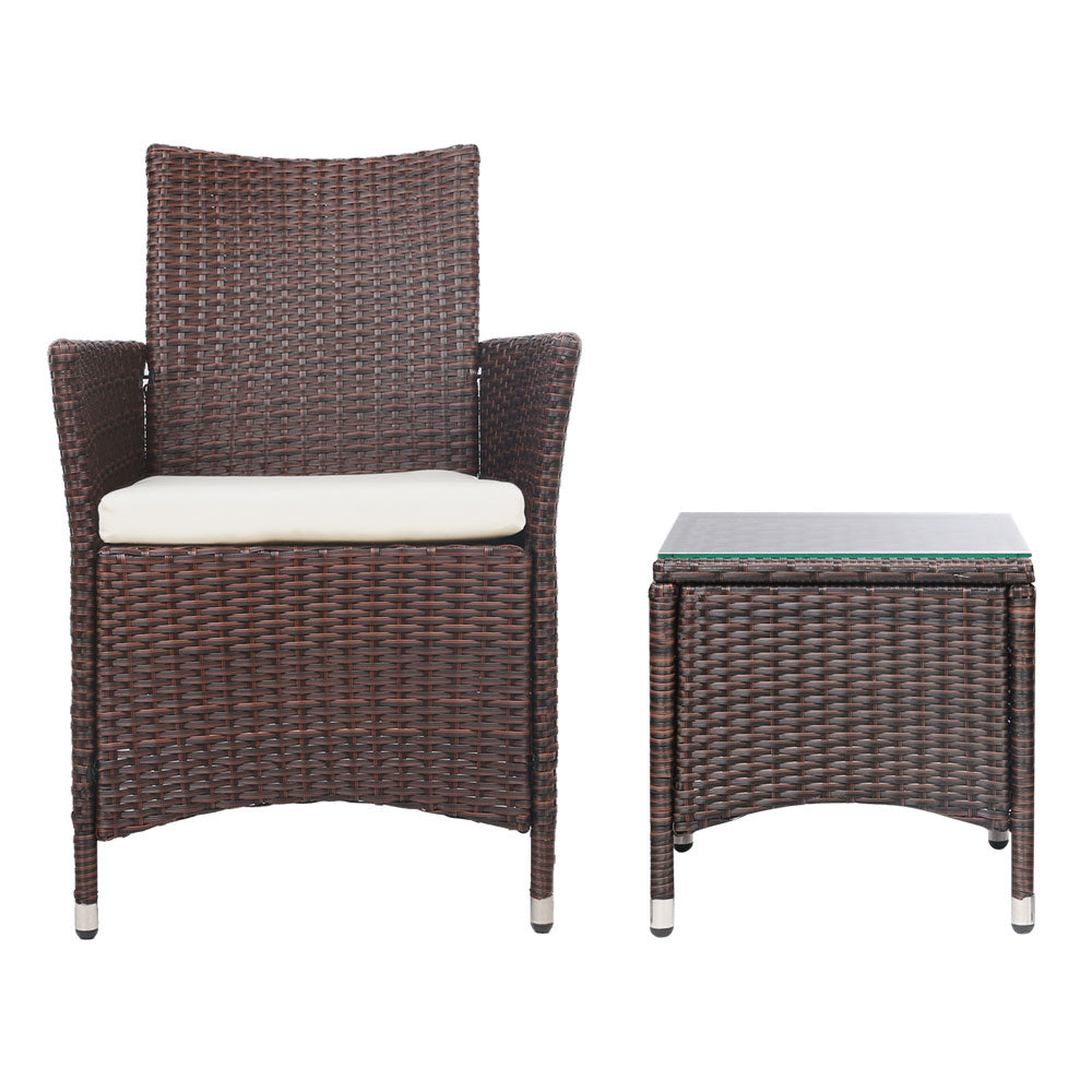 Gardeon 3PC Outdoor Bistro Set Patio Furniture Wicker Setting Chairs Table Cushion Brown-2