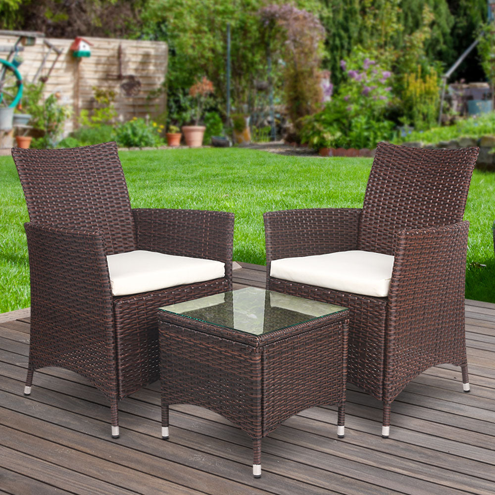 Gardeon 3PC Outdoor Bistro Set Patio Furniture Wicker Setting Chairs Table Cushion Brown-7