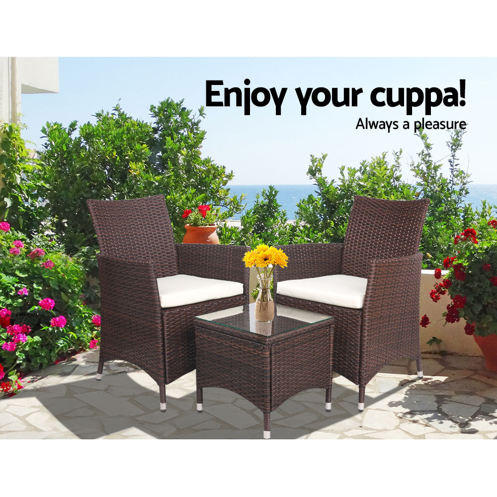 Gardeon 3PC Outdoor Bistro Set Patio Furniture Wicker Setting Chairs Table Cushion Brown-9