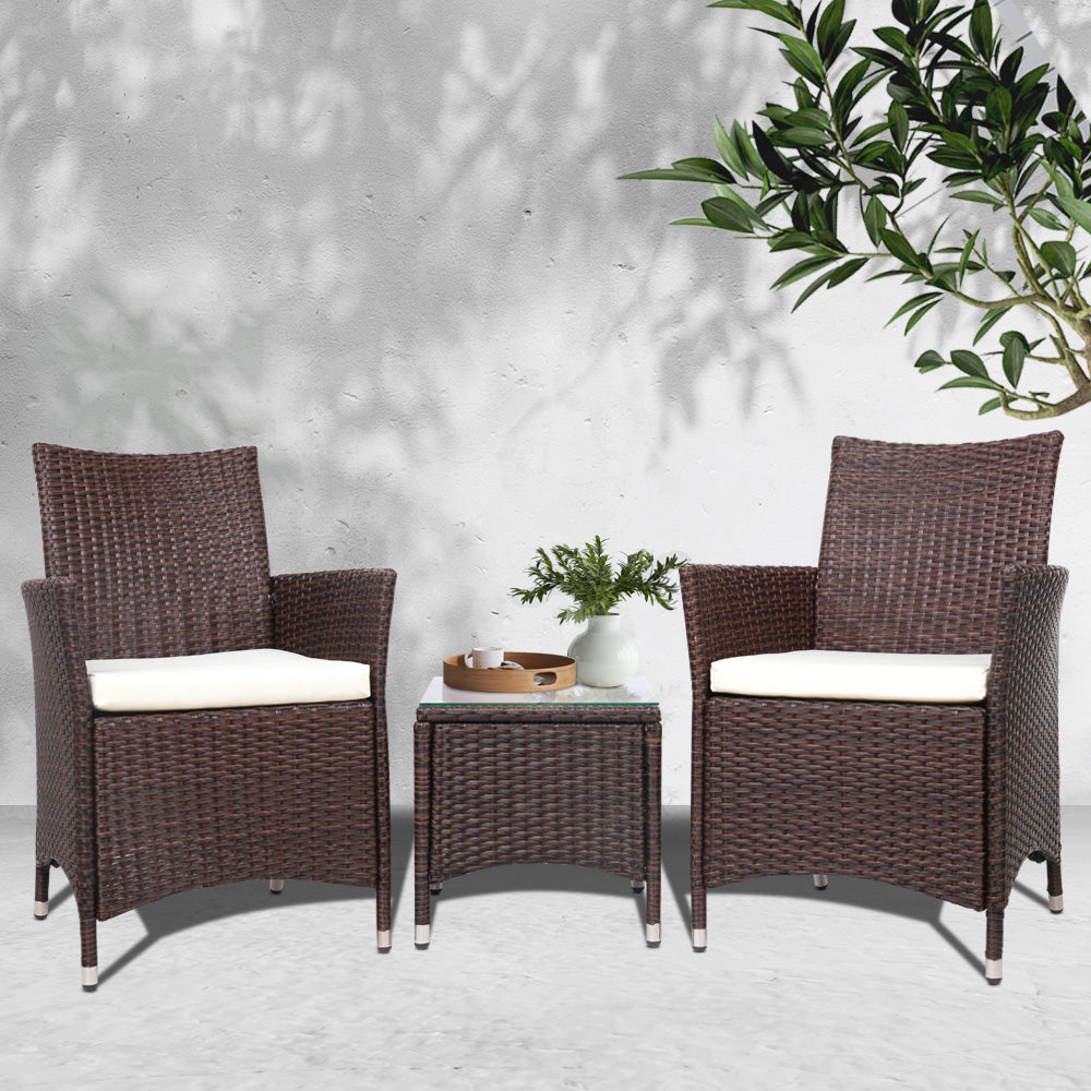 Gardeon 3PC Outdoor Bistro Set Patio Furniture Wicker Setting Chairs Table Cushion Brown-0