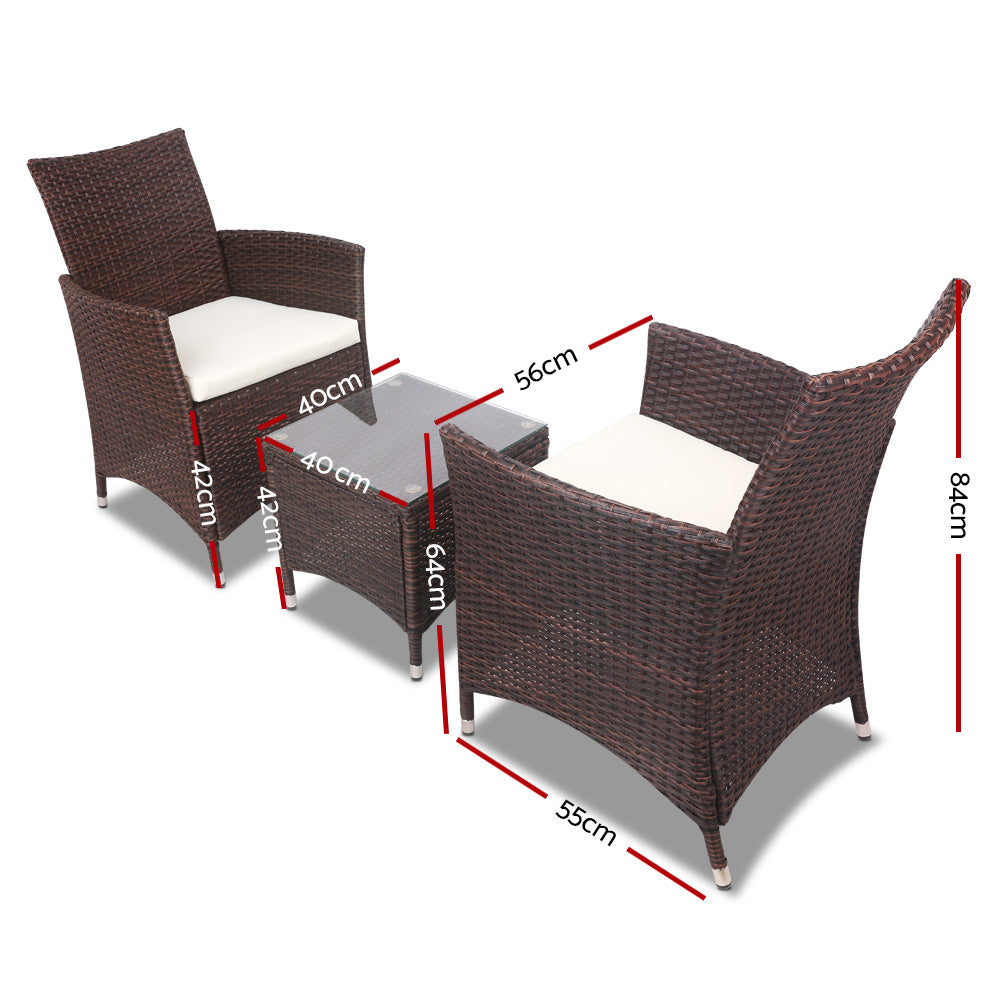 Gardeon 3PC Outdoor Bistro Set Patio Furniture Wicker Setting Chairs Table Cushion Brown-1