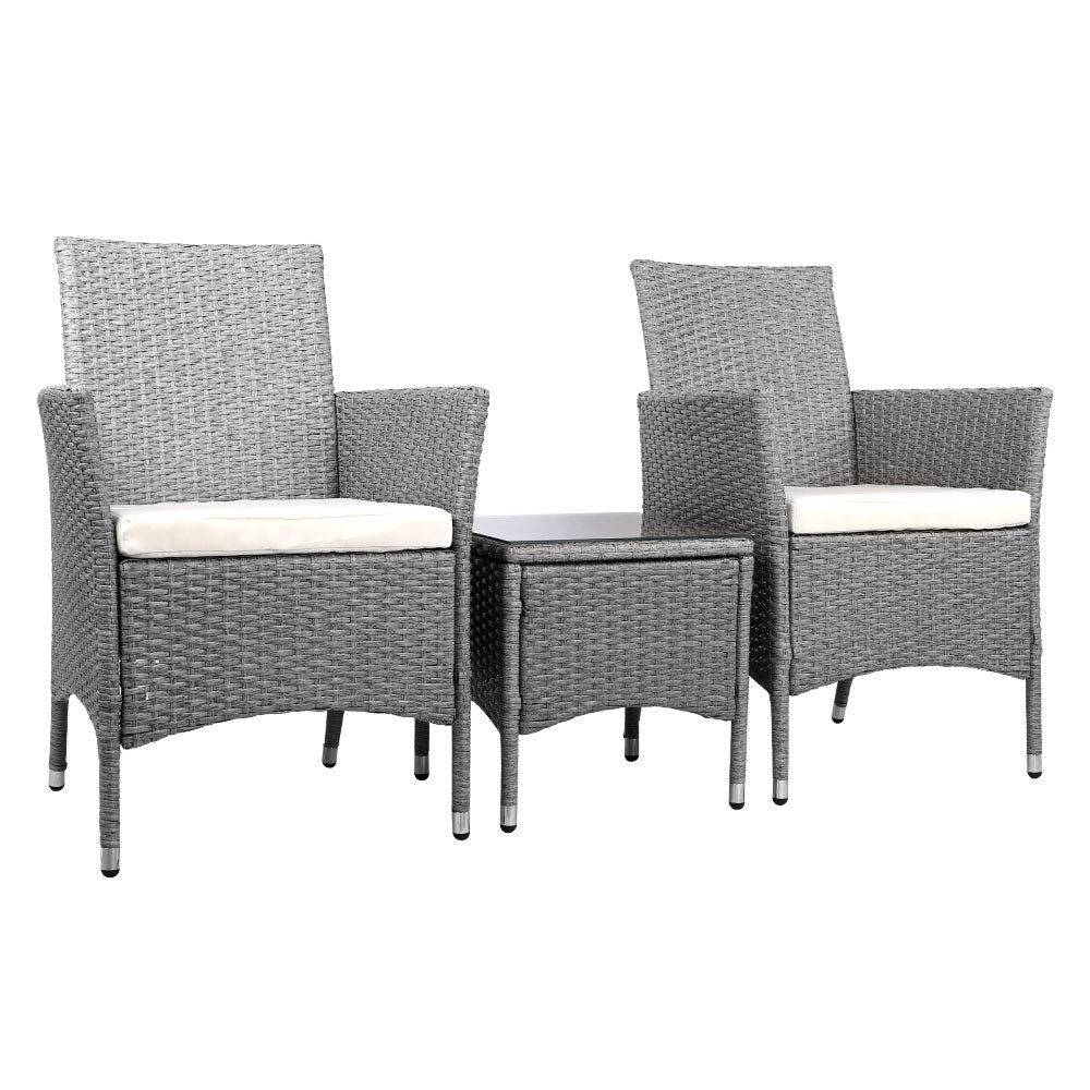 Gardeon 3PC Outdoor Bistro Set Patio Furniture Wicker Setting Chairs Table Cushion Grey-0