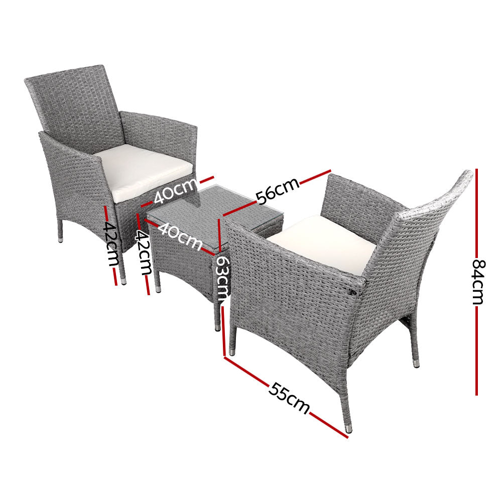 Gardeon 3PC Outdoor Bistro Set Patio Furniture Wicker Setting Chairs Table Cushion Grey-1