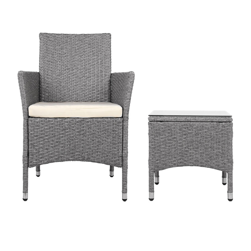 Gardeon 3PC Outdoor Bistro Set Patio Furniture Wicker Setting Chairs Table Cushion Grey-2