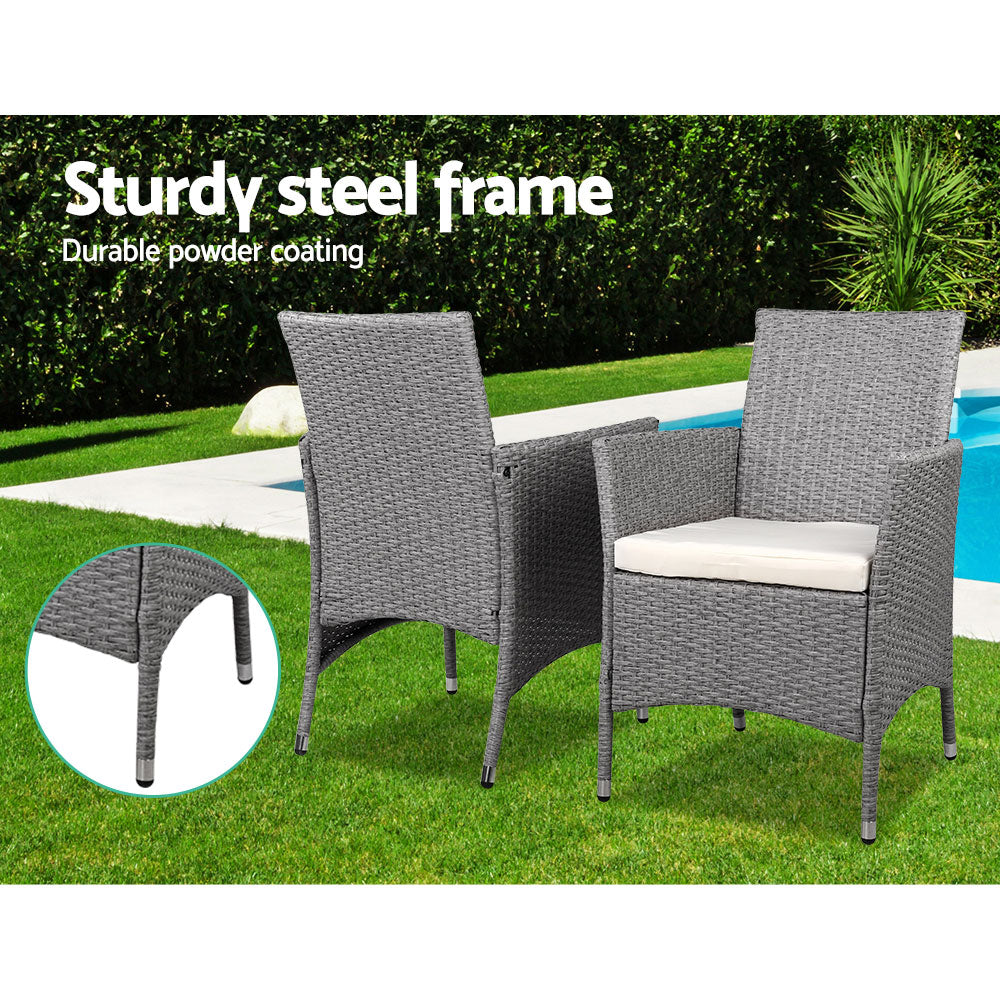 Gardeon 3PC Outdoor Bistro Set Patio Furniture Wicker Setting Chairs Table Cushion Grey-6