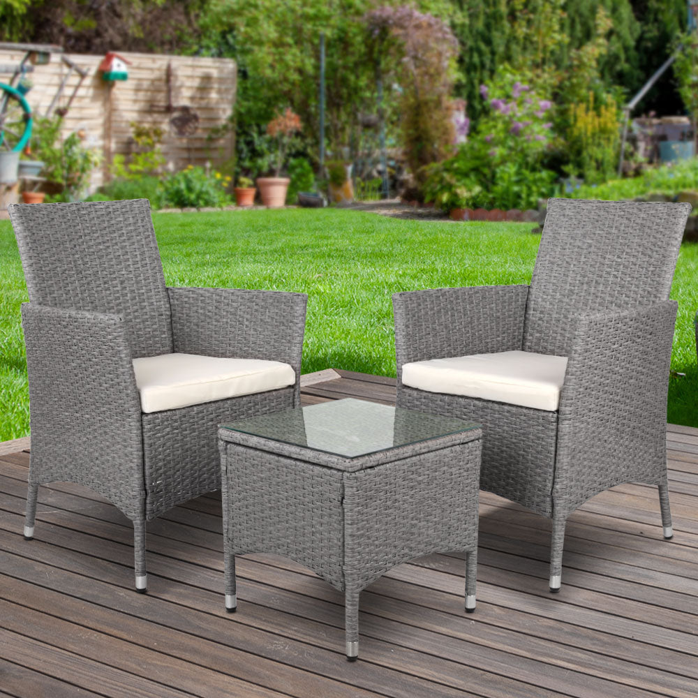 Gardeon 3PC Outdoor Bistro Set Patio Furniture Wicker Setting Chairs Table Cushion Grey-7