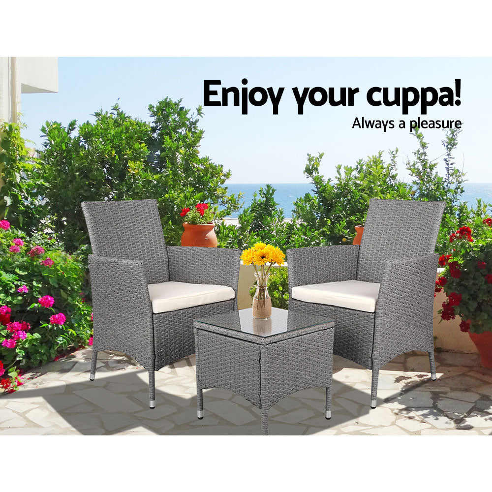 Gardeon 3PC Outdoor Bistro Set Patio Furniture Wicker Setting Chairs Table Cushion Grey-9