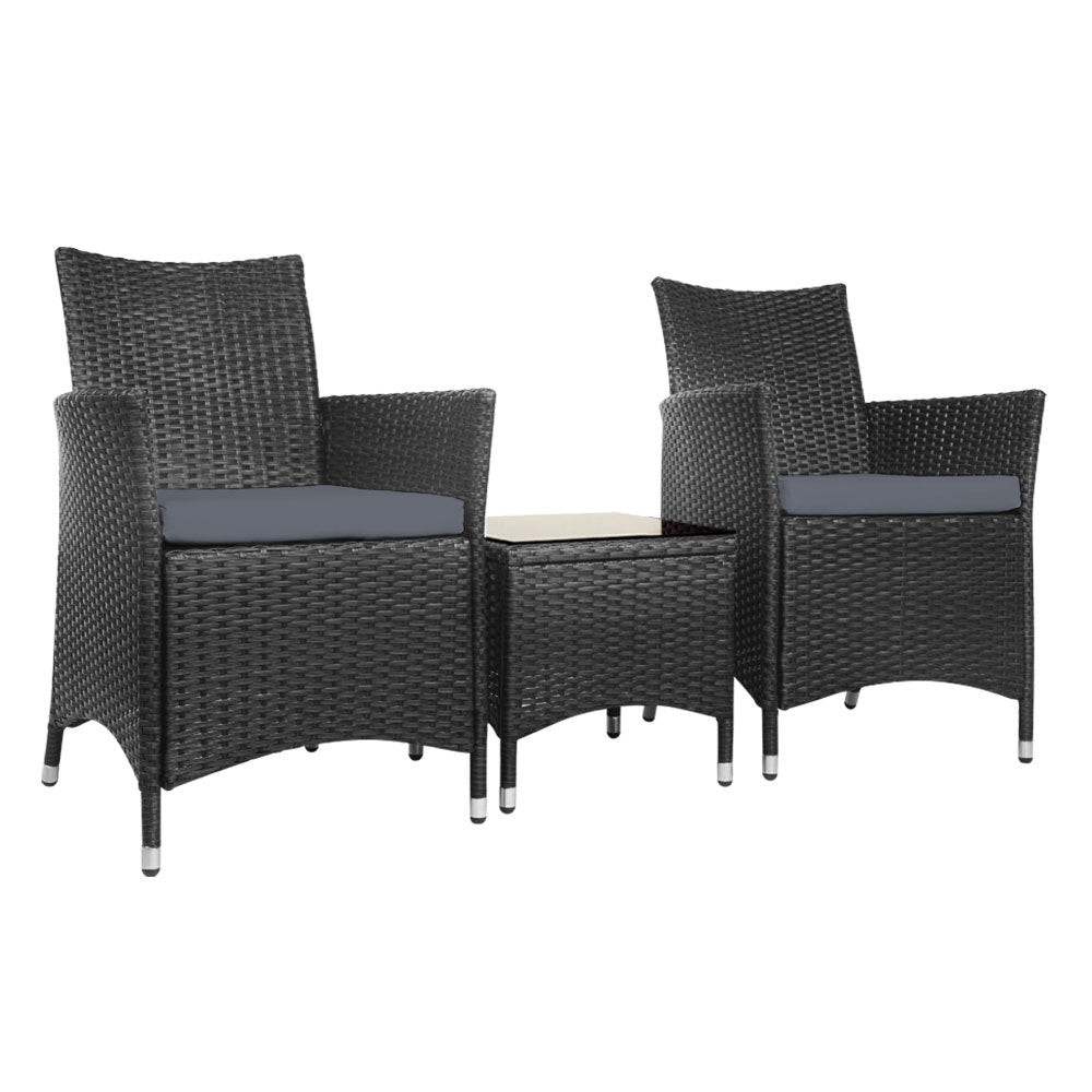 Gardeon 3PC Outdoor Bistro Set Patio Furniture Wicker Chairs Table Cushion All Black-0