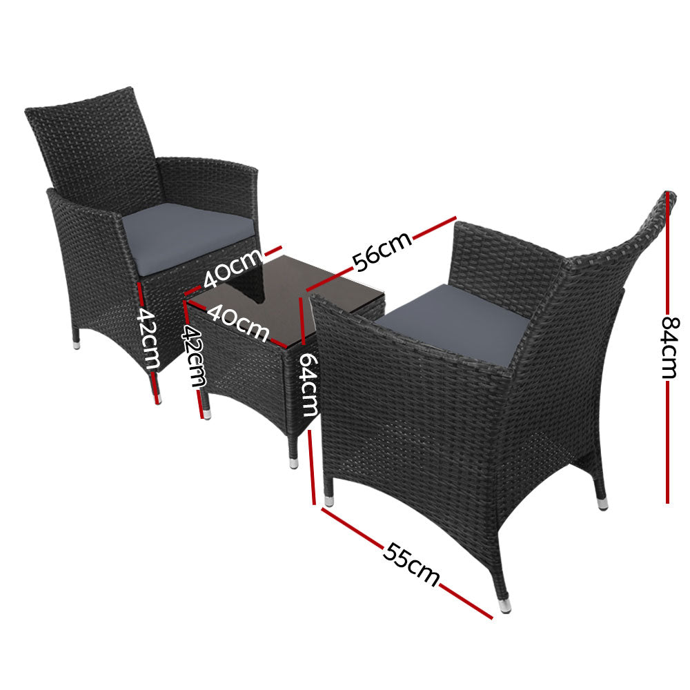 Gardeon 3PC Outdoor Bistro Set Patio Furniture Wicker Chairs Table Cushion All Black-1