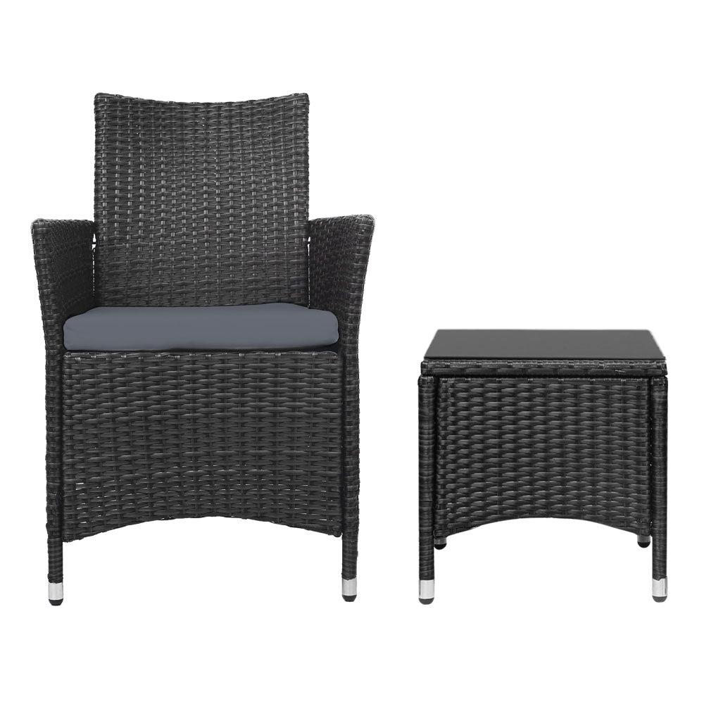 Gardeon 3PC Outdoor Bistro Set Patio Furniture Wicker Chairs Table Cushion All Black-2