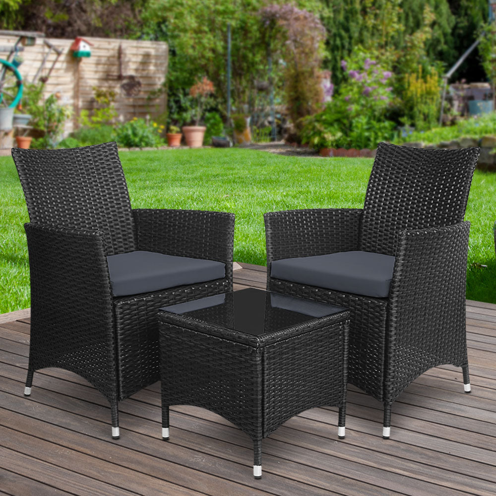 Gardeon 3PC Outdoor Bistro Set Patio Furniture Wicker Chairs Table Cushion All Black-7