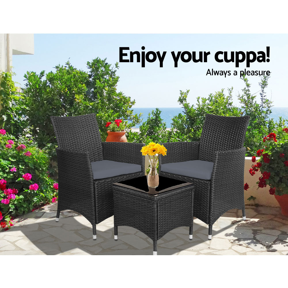 Gardeon 3PC Outdoor Bistro Set Patio Furniture Wicker Chairs Table Cushion All Black-9