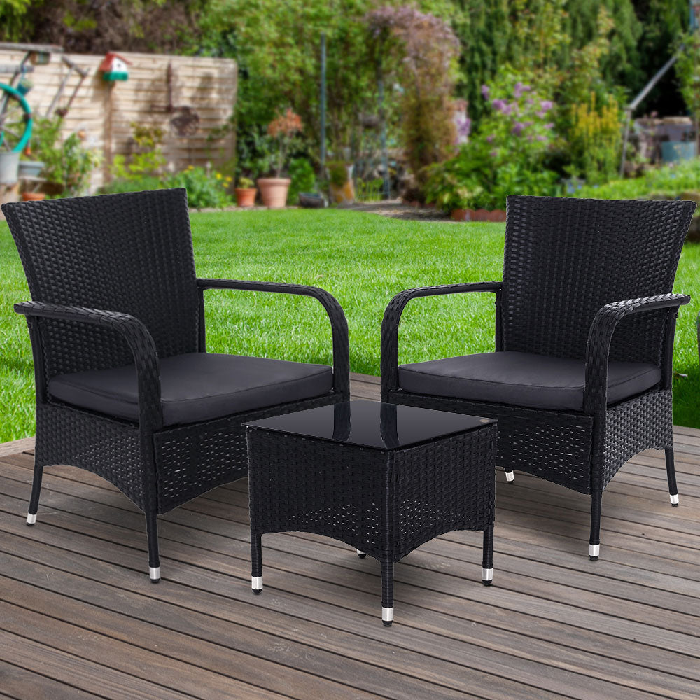 Gardeon 3PC Outdoor Bistro Set Patio Furniture Wicker Setting Chairs Table Luca-7