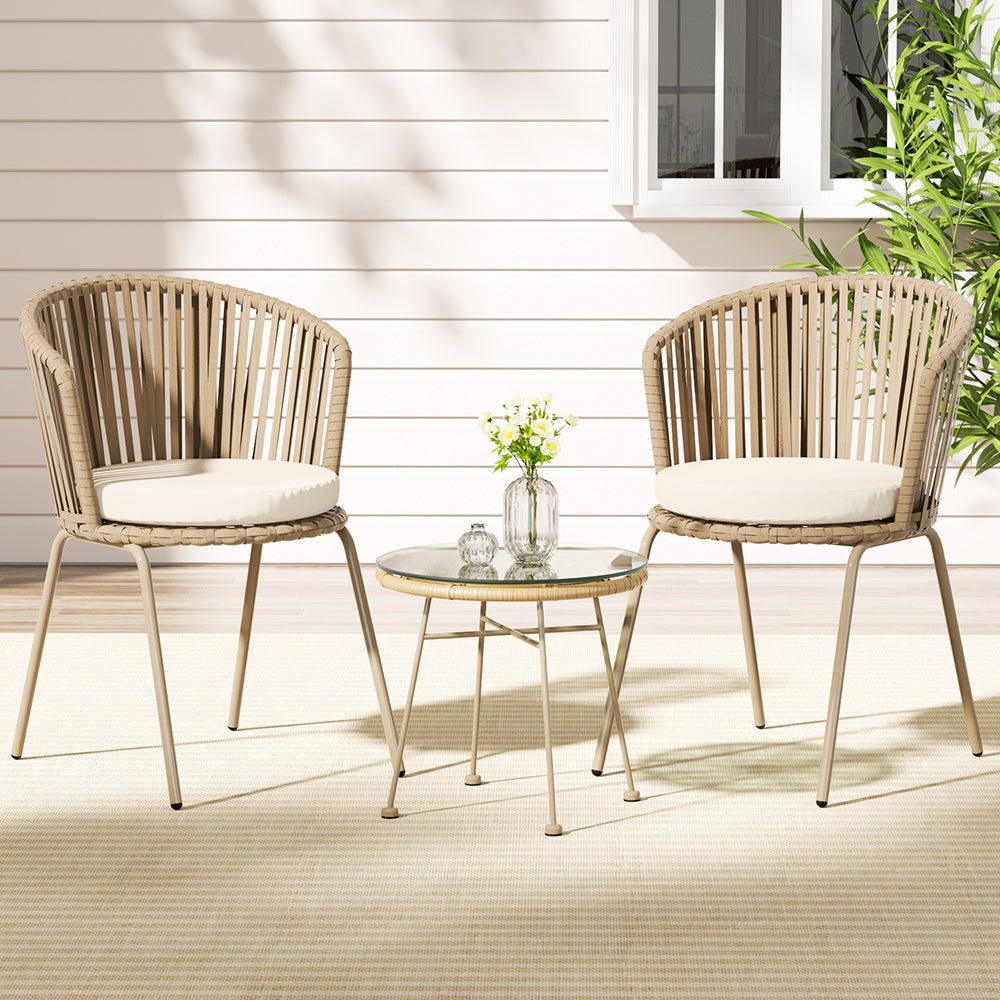 Gardeon 3PC Outdoor Bistro Set Patio Furniture Rope Setting Chairs Table Beige-6