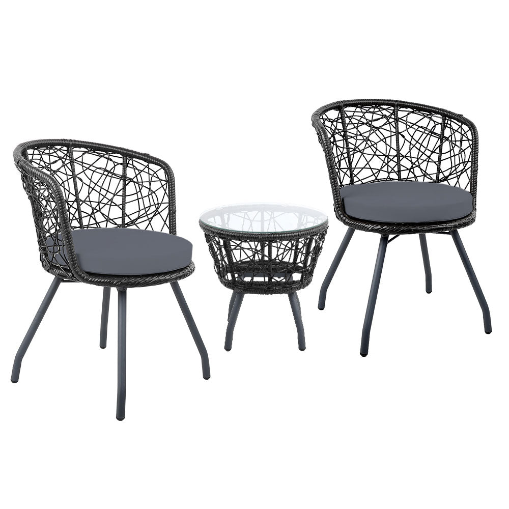 Gardeon 3PC Bistro Set Outdoor Furniture Rattan Table Chairs Patio Garden Cushion Black-0