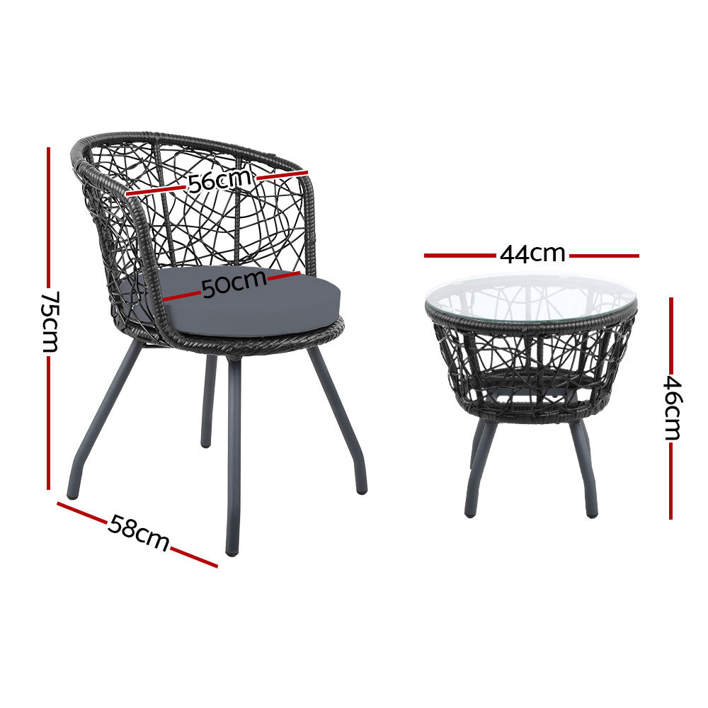 Gardeon 3PC Bistro Set Outdoor Furniture Rattan Table Chairs Patio Garden Cushion Black-1