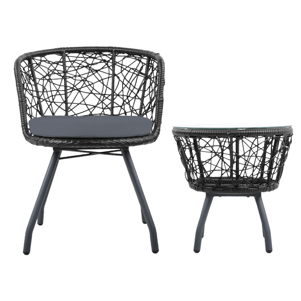 Gardeon 3PC Bistro Set Outdoor Furniture Rattan Table Chairs Patio Garden Cushion Black-2