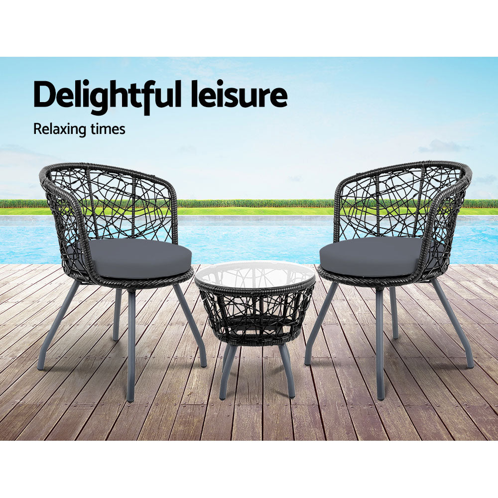 Gardeon 3PC Bistro Set Outdoor Furniture Rattan Table Chairs Patio Garden Cushion Black-6