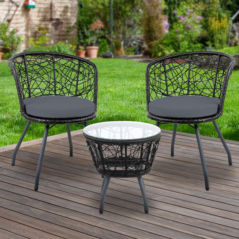 Gardeon 3PC Bistro Set Outdoor Furniture Rattan Table Chairs Patio Garden Cushion Black-7