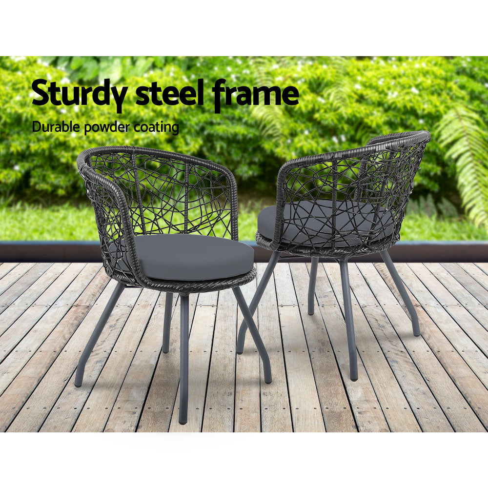 Gardeon 3PC Bistro Set Outdoor Furniture Rattan Table Chairs Patio Garden Cushion Black-8