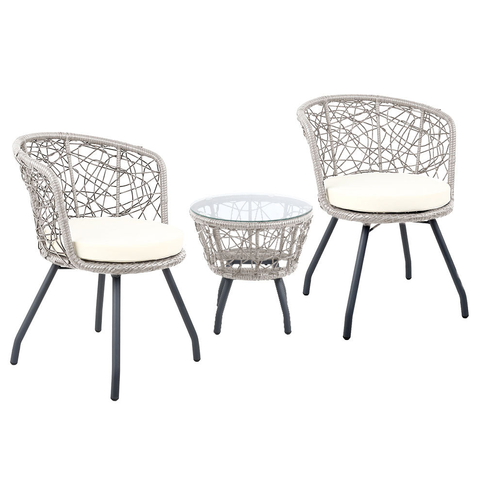 Gardeon 3PC Bistro Set Outdoor Furniture Rattan Table Chairs Patio Garden Cushion Grey-0