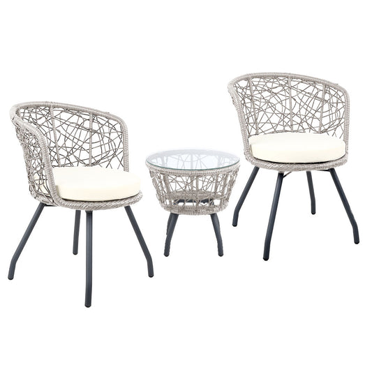 Gardeon 3PC Bistro Set Outdoor Furniture Rattan Table Chairs Patio Garden Cushion Grey-0