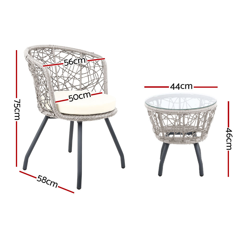 Gardeon 3PC Bistro Set Outdoor Furniture Rattan Table Chairs Patio Garden Cushion Grey-1