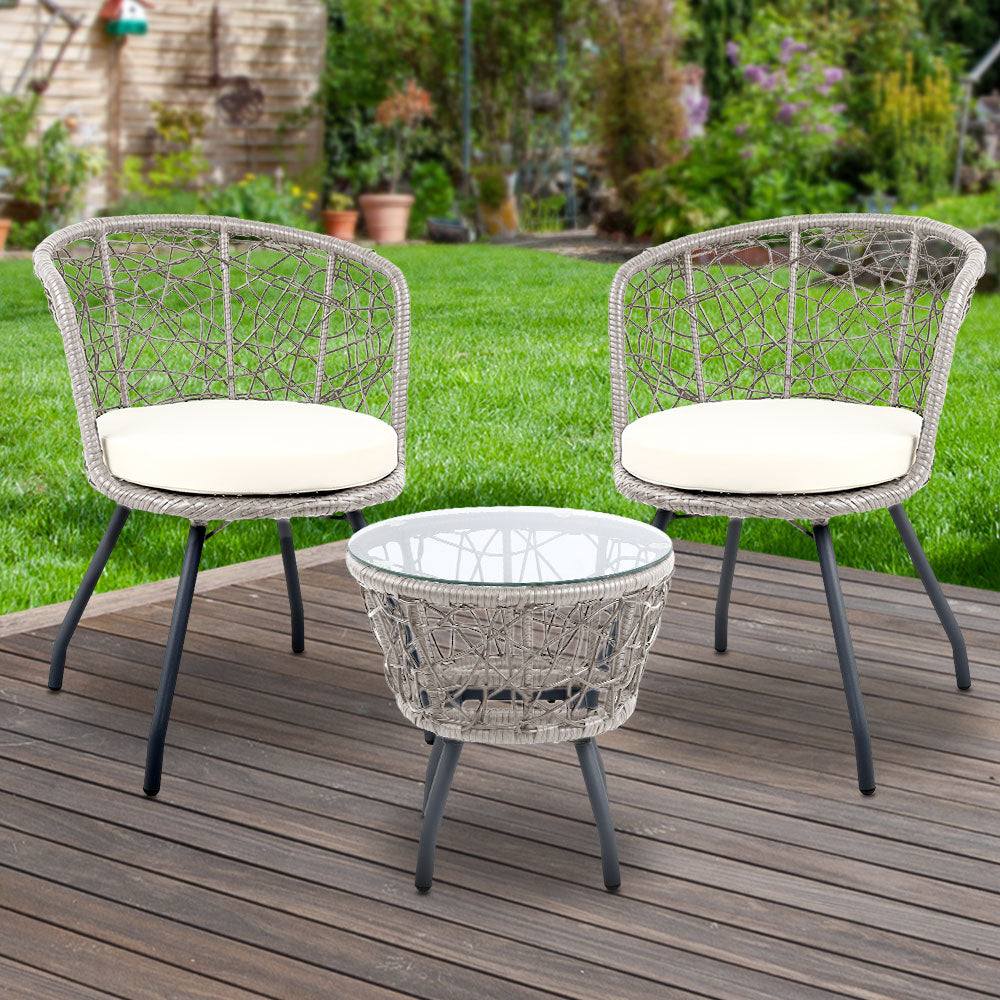 Gardeon 3PC Bistro Set Outdoor Furniture Rattan Table Chairs Patio Garden Cushion Grey-7