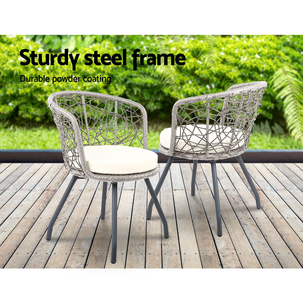 Gardeon 3PC Bistro Set Outdoor Furniture Rattan Table Chairs Patio Garden Cushion Grey-8