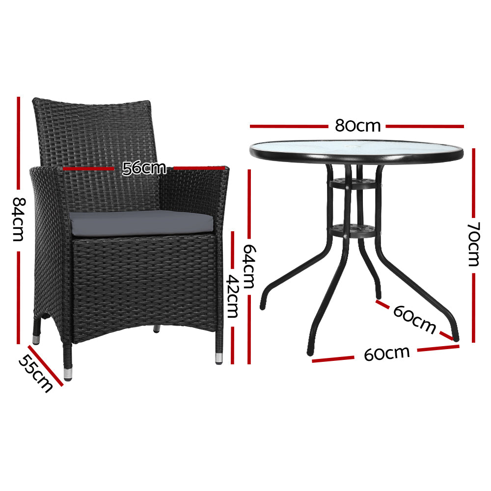 Gardeon 3PC Bistro Set Outdoor Furniture Rattan Table Chairs Cushion Patio Garden Idris-1