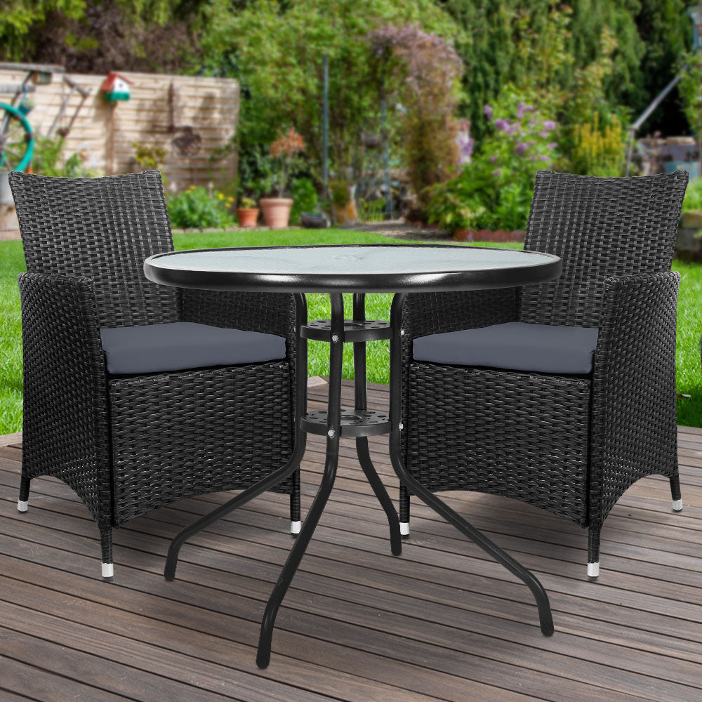 Gardeon 3PC Bistro Set Outdoor Furniture Rattan Table Chairs Cushion Patio Garden Idris-7