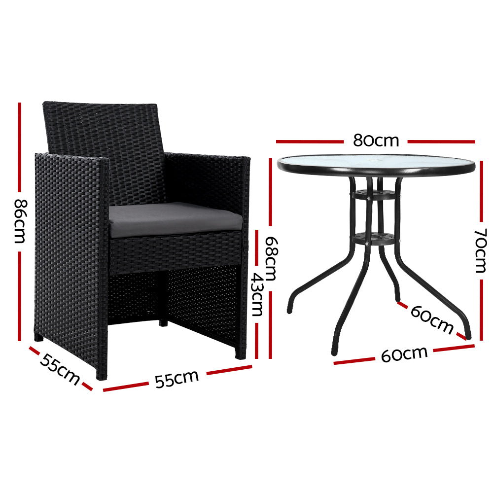 Gardeon 3PC Bistro Set Outdoor Furniture Rattan Table Chairs Cushion Patio Garden Hugo-1