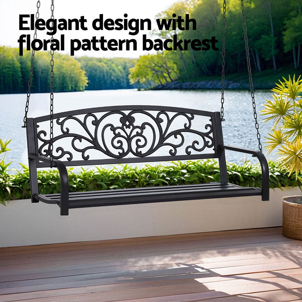 Gardeon Outdoor Porch Swing Chair Patio Furniture Floral Backrest 2 Seater Black-4