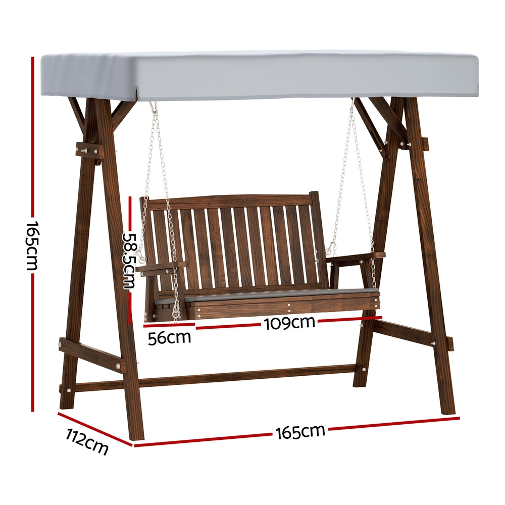 Gardeon Outdoor Wooden Swing Chair Garden Bench Canopy Cushion 2 Seater Charcoal-1