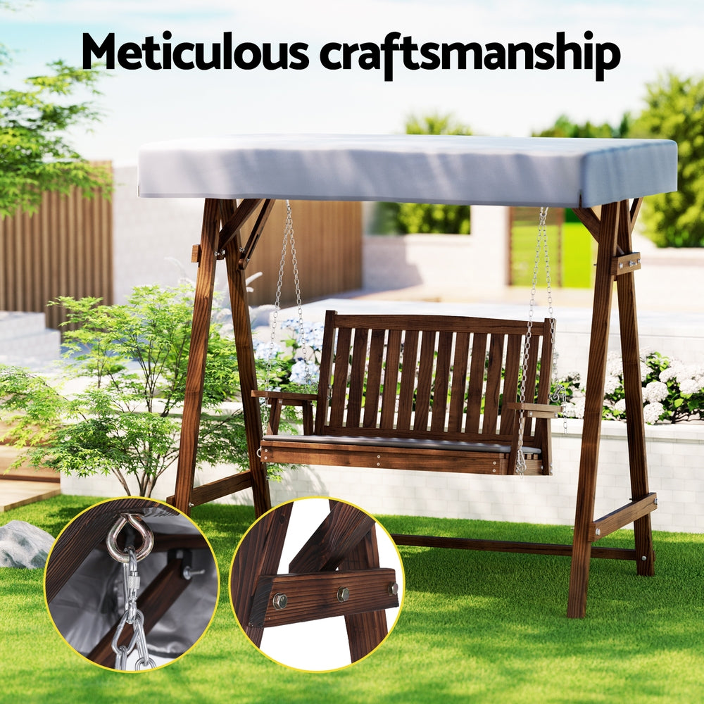 Gardeon Outdoor Wooden Swing Chair Garden Bench Canopy Cushion 2 Seater Charcoal-3