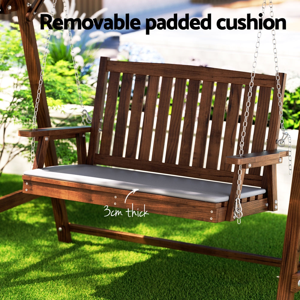 Gardeon Outdoor Wooden Swing Chair Garden Bench Canopy Cushion 2 Seater Charcoal-5