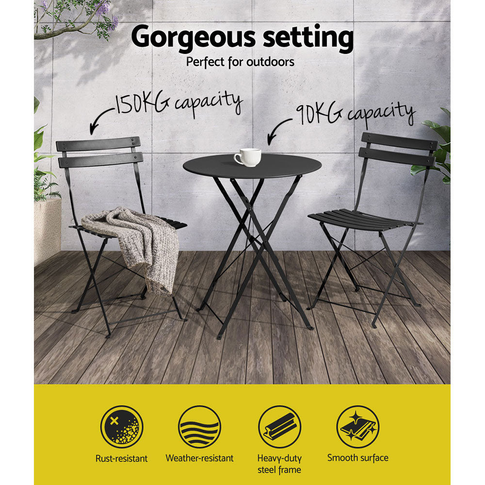 Gardeon 3PC Outdoor Bistro Set Steel Table and Chairs Patio Furniture Black-4