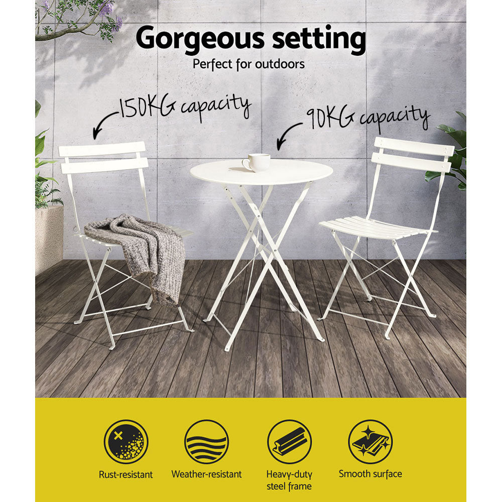 Gardeon 3PC Outdoor Bistro Set Steel Table and Chairs Patio Furniture White-4