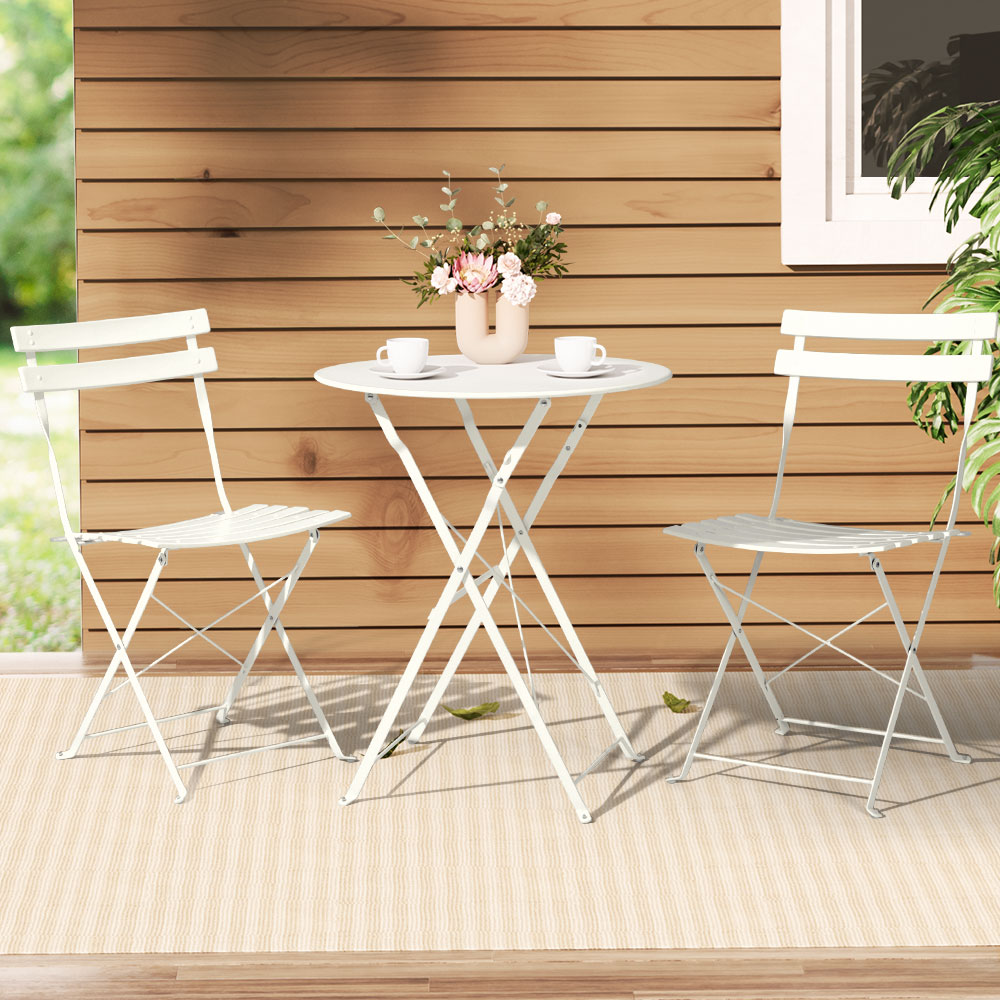 Gardeon 3PC Outdoor Bistro Set Steel Table and Chairs Patio Furniture White-7