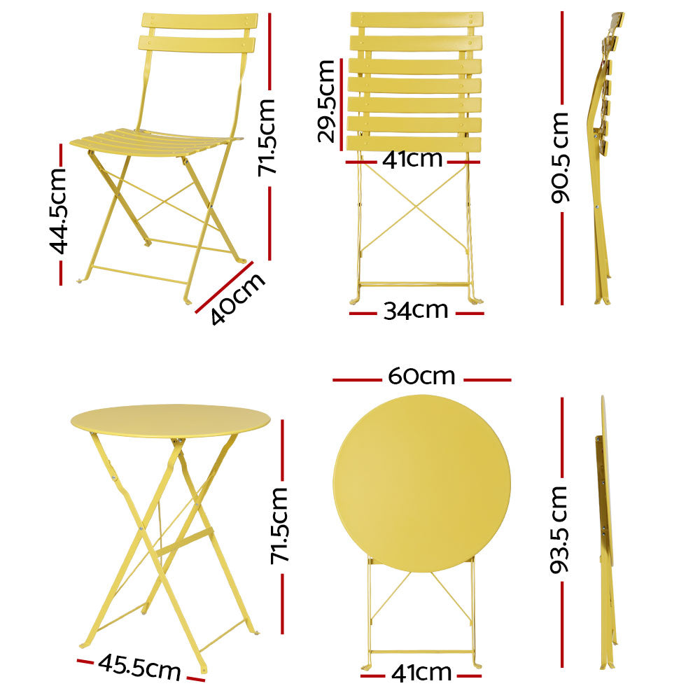 Gardeon 3PC Outdoor Bistro Set Steel Table and Chairs Patio Furniture Yellow-1