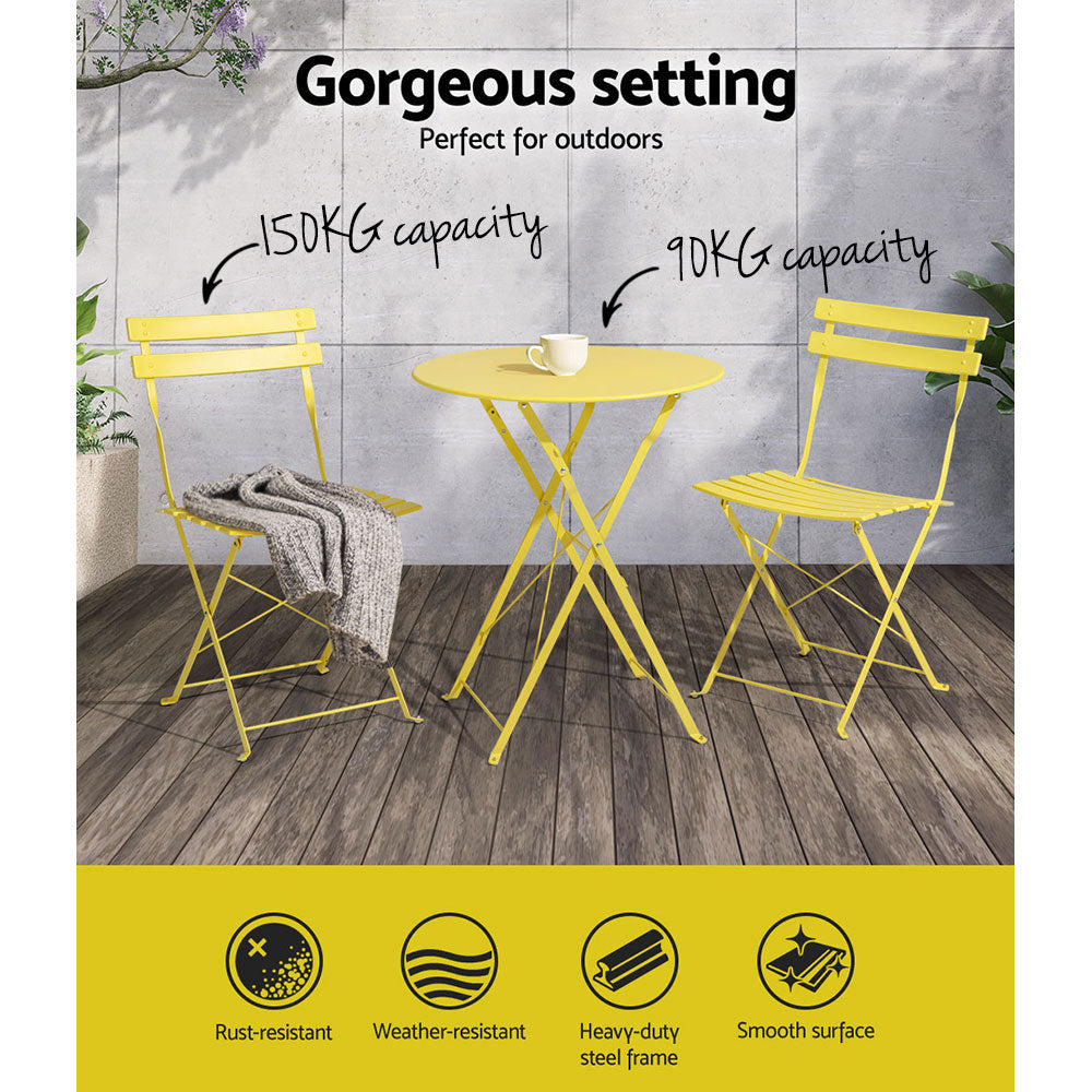 Gardeon 3PC Outdoor Bistro Set Steel Table and Chairs Patio Furniture Yellow-4