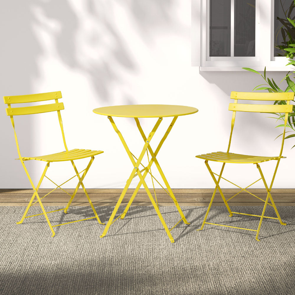 Gardeon 3PC Outdoor Bistro Set Steel Table and Chairs Patio Furniture Yellow-7