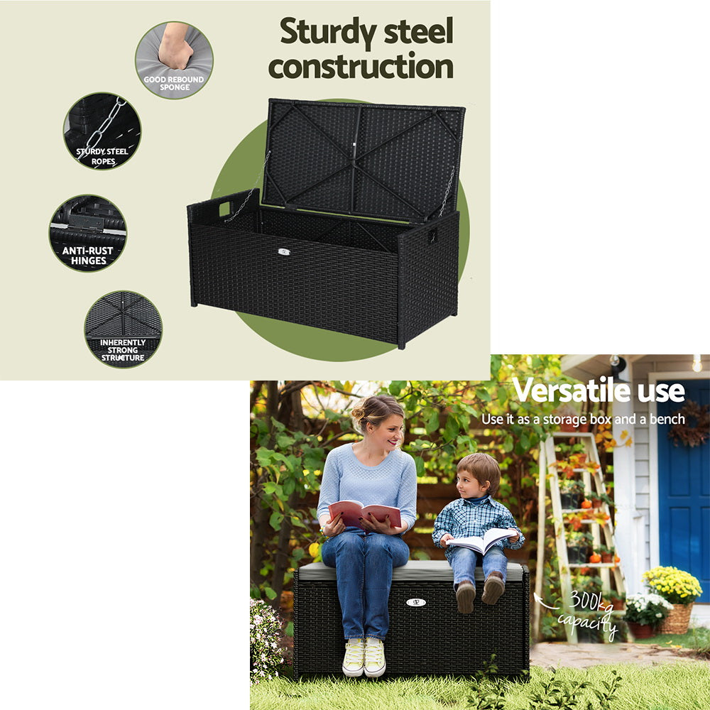 Gardeon Outdoor Storage Bench Box Wicker Garden Sheds Tools Cushion Patio Furniture Black-6