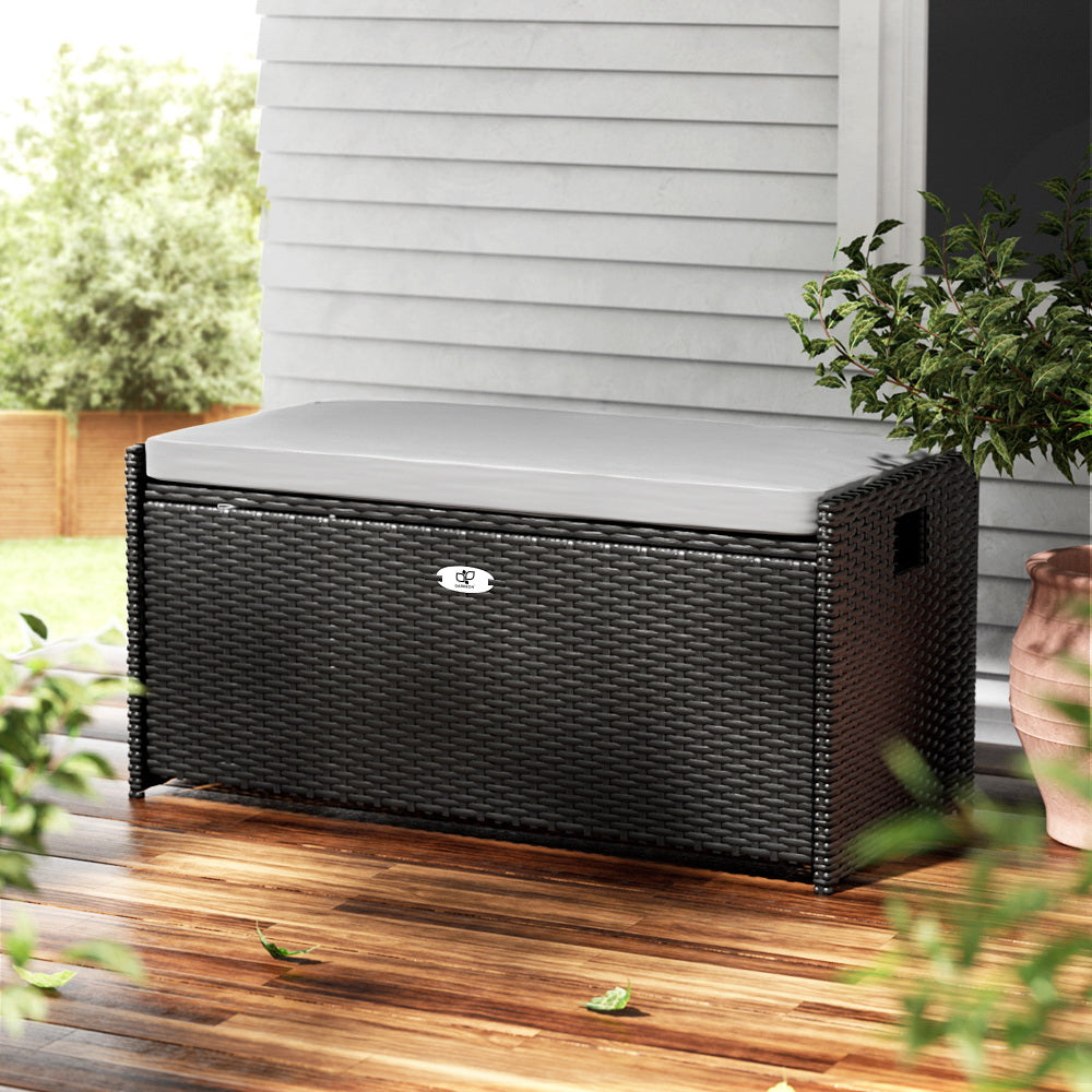 Gardeon Outdoor Storage Bench Box Wicker Garden Sheds Tools Cushion Patio Furniture Black-7