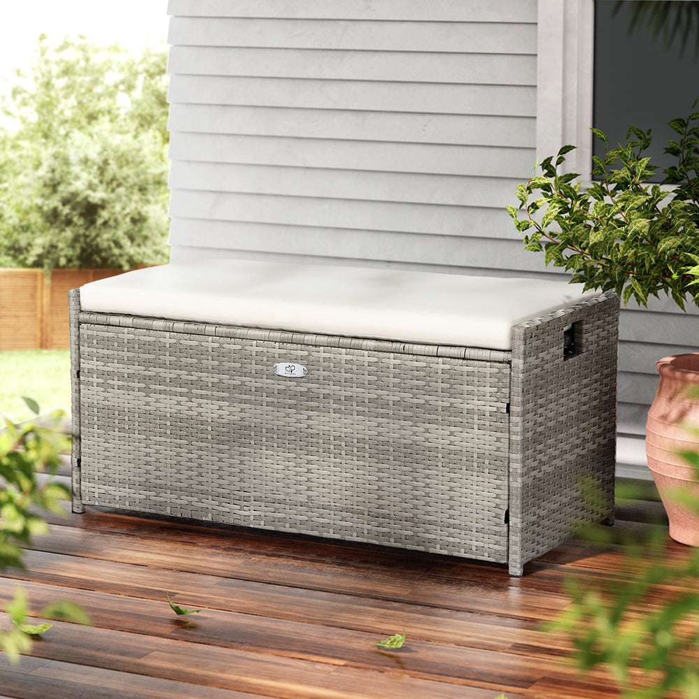 Gardeon Outdoor Storage Bench Box Wicker Garden Sheds Tools Cushion Patio Furniture Grey-6