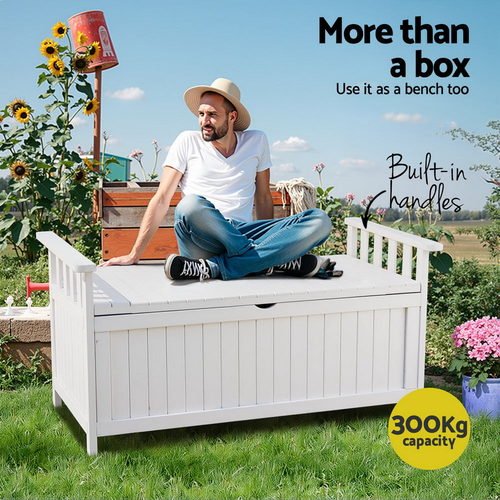 Gardeon Outdoor Storage Bench Box Wooden Garden Toy Tool Patio Furniture White-4