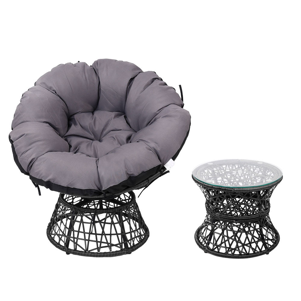 Gardeon Outdoor Lounge Setting Papasan Chair Wicker Table Garden Furniture Black-2