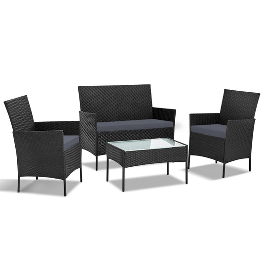 Gardeon 4 Seater Outdoor Sofa Set Wicker Setting Table Chair Furniture Black-0