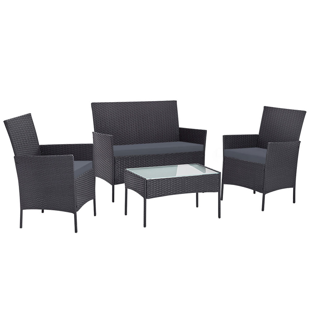 Gardeon 4 Seater Outdoor Sofa Set Wicker Setting Table Chair Furniture Dark Grey-0