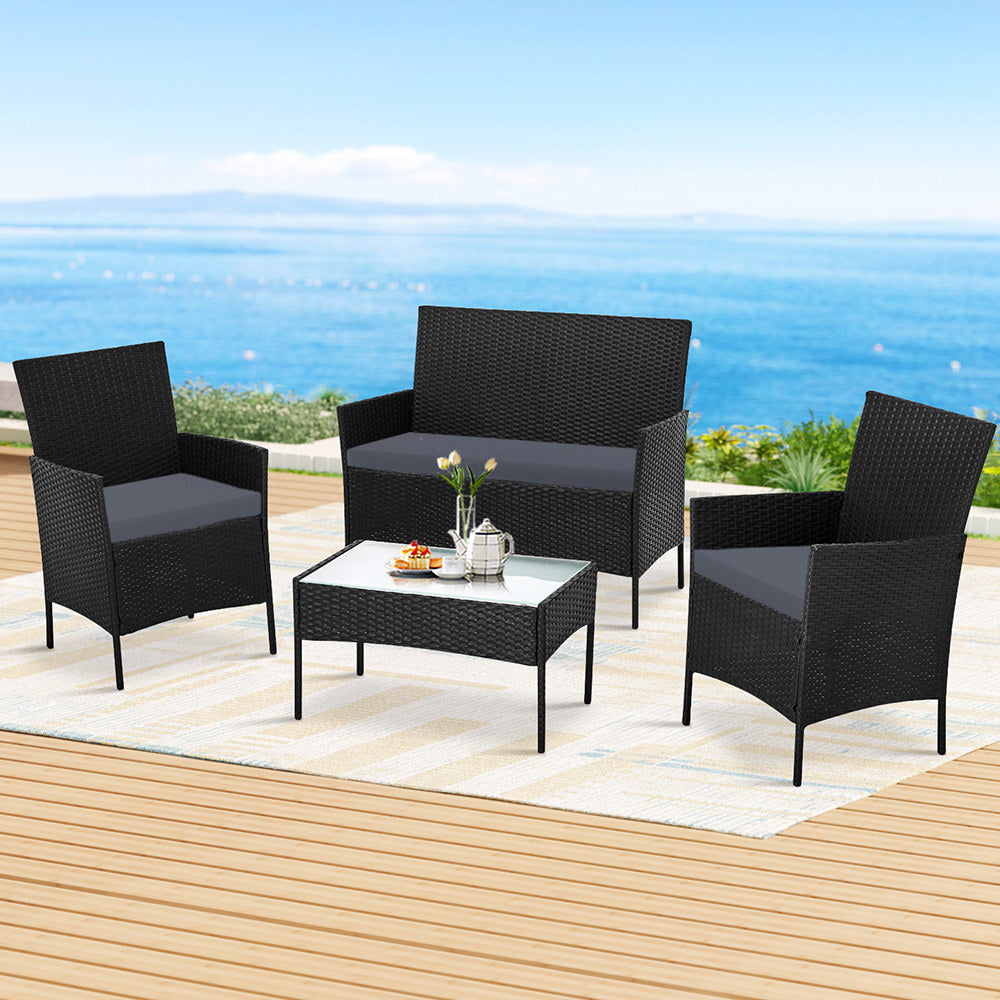 Gardeon 4 Seater Outdoor Sofa Set Wicker Setting Table Chair Furniture Dark Grey-7